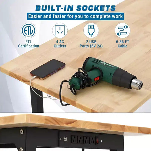 Banco de trabajo ajustable de 24W y 907 kg (2000 lbs) de capacidad - Mesa de servicio pesado con toma de corriente y panel perforado para taller y hogar