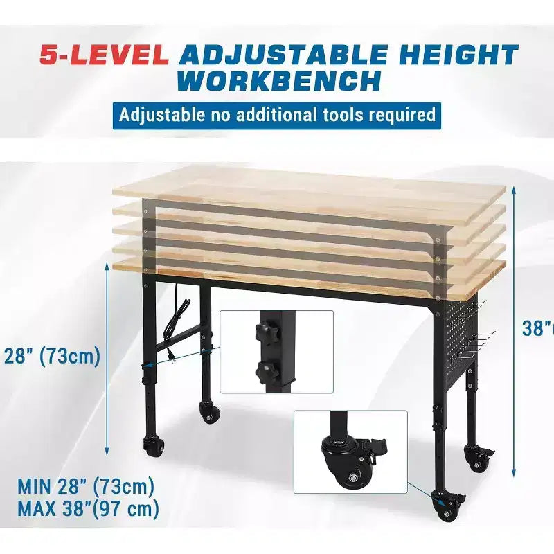 Banco de trabajo ajustable de 24W y 907 kg (2000 lbs) de capacidad - Mesa de servicio pesado con toma de corriente y panel perforado para taller y hogar