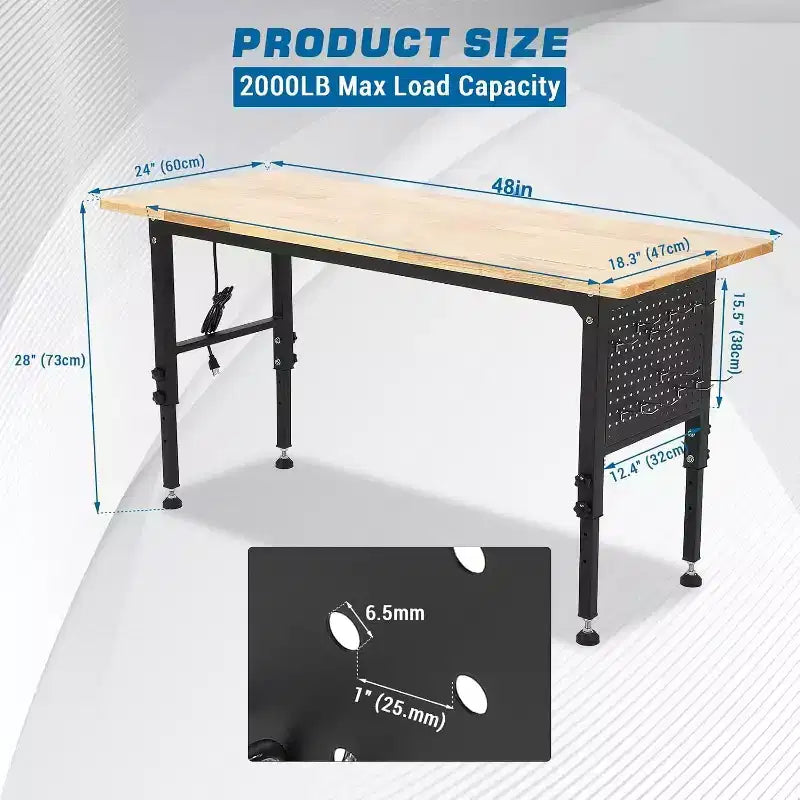24W Adjustable Garage Workbench 2000 LBS Capacity - Heavy Duty Table with Power Outlet & Pegboard for Workshop Home