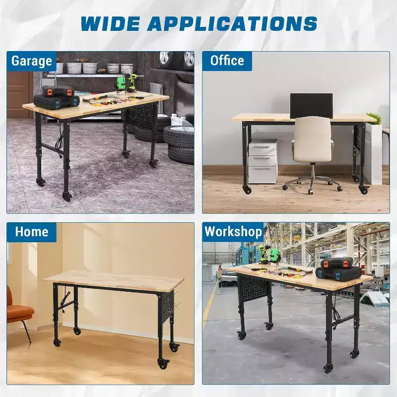 Banco de trabajo ajustable de 24W y 907 kg (2000 lbs) de capacidad - Mesa de servicio pesado con toma de corriente y panel perforado para taller y hogar