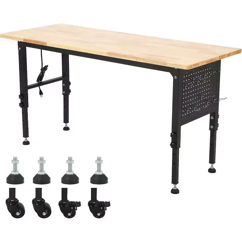 Banco de trabajo ajustable de 24W y 907 kg (2000 lbs) de capacidad - Mesa de servicio pesado con toma de corriente y panel perforado para taller y hogar