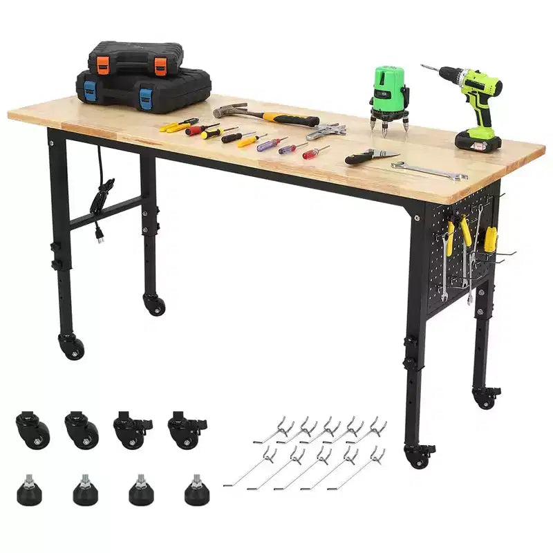 Banco de trabajo ajustable de 24W y 907 kg (2000 lbs) de capacidad - Mesa de servicio pesado con toma de corriente y panel perforado para taller y hogar