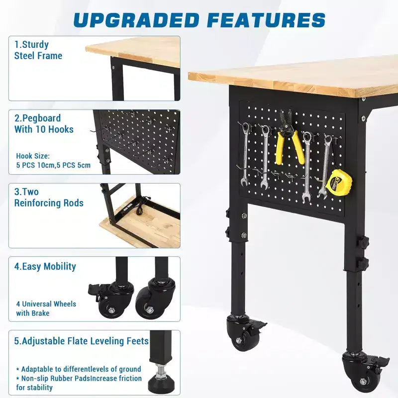Banco de trabajo ajustable de 24W y 907 kg (2000 lbs) de capacidad - Mesa de servicio pesado con toma de corriente y panel perforado para taller y hogar