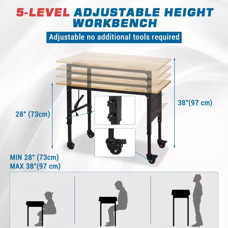 Banco de trabajo ajustable de 24W y 907 kg (2000 lbs) de capacidad - Mesa de servicio pesado con toma de corriente y panel perforado para taller y hogar