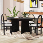 Polibi 5-Piece Retro Round Dining Set with Rattan-Back Upholstered Chairs