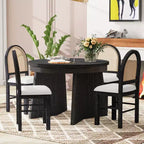 Comedor redondo retro con sillas tapizadas con respaldo de ratán