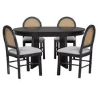 Comedor redondo retro con sillas tapizadas con respaldo de ratán