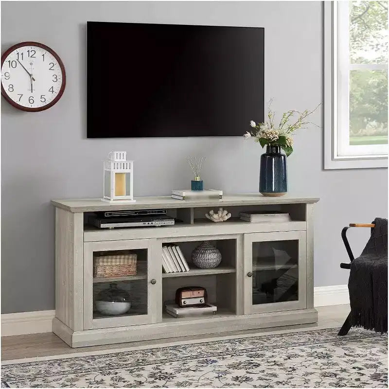 Acekool Modern Farmhouse TV Stand with Storage Cabinet & Adjustable Shelves, Stone Gray, Fits Up to 65 TVs