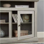 Mueble de TV de estilo rústico moderno con armario de almacenamiento y estantes ajustables, gris piedra, apto para televisores de hasta 65 pulgadas