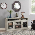 Mueble de TV de estilo rústico moderno con armario de almacenamiento y estantes ajustables, gris piedra, apto para televisores de hasta 65 pulgadas