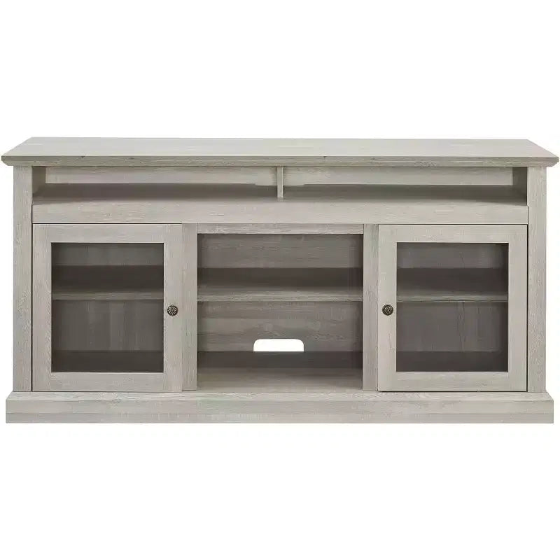 Mueble de TV de estilo rústico moderno con armario de almacenamiento y estantes ajustables, gris piedra, apto para televisores de hasta 65 pulgadas