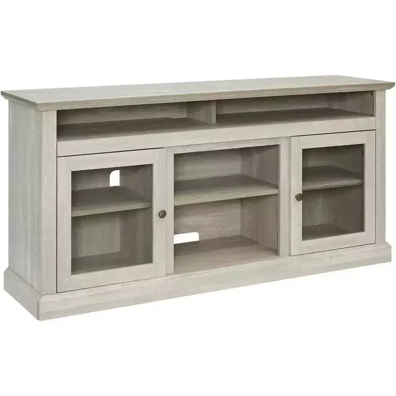 Mueble de TV de estilo rústico moderno con armario de almacenamiento y estantes ajustables, gris piedra, apto para televisores de hasta 65 pulgadas
