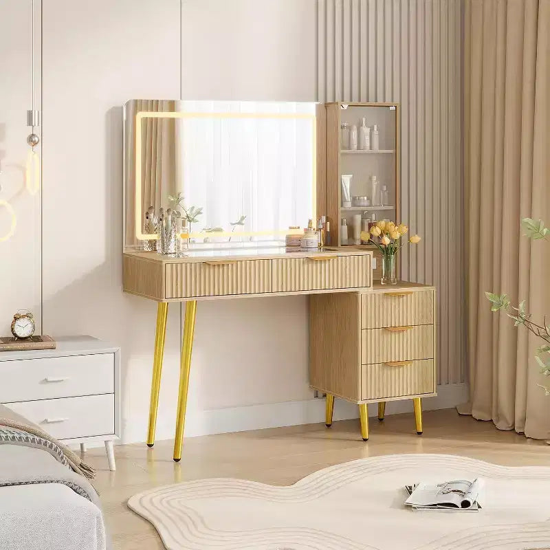 Tocador de Maquillaje Acanalado de 48, Mesa Tocador Moderna con Tapa de Cristal, 5 Cajones, 3 Modos de Luz, para Dormitorio