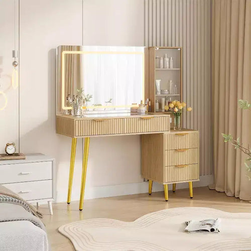 Tocador de Maquillaje Acanalado de 48, Mesa Tocador Moderna con Tapa de Cristal, 5 Cajones, 3 Modos de Luz, para Dormitorio
