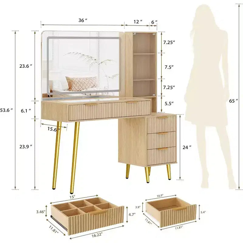 Tocador de Maquillaje Acanalado de 48, Mesa Tocador Moderna con Tapa de Cristal, 5 Cajones, 3 Modos de Luz, para Dormitorio