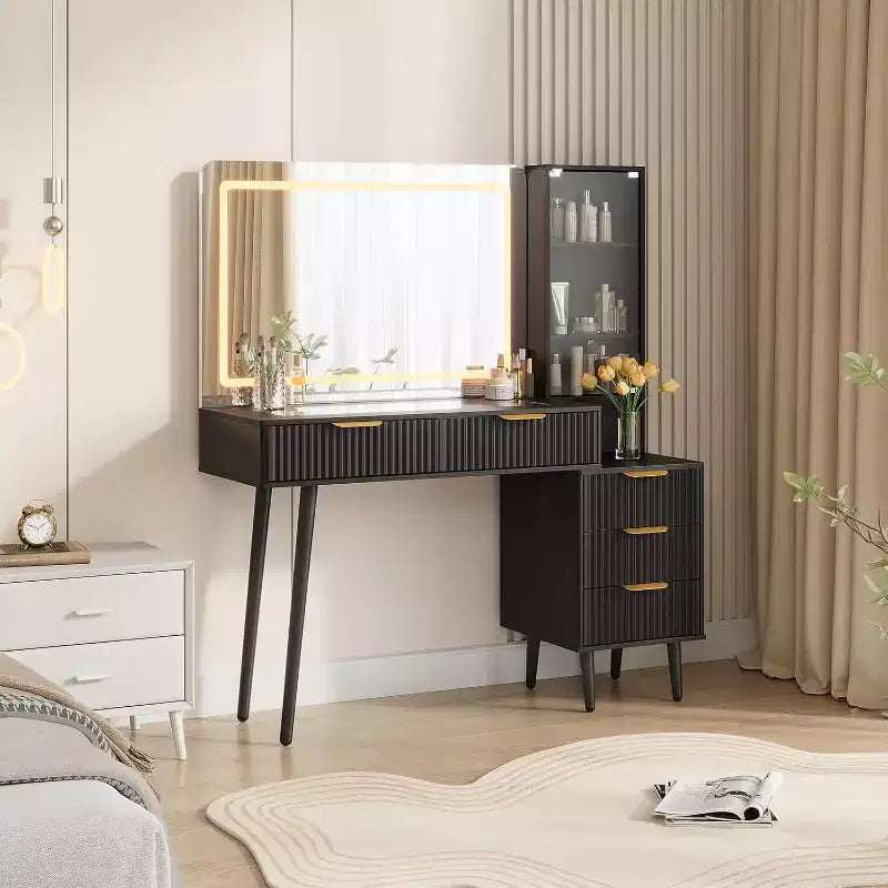 Tocador de Maquillaje Acanalado de 48, Mesa Tocador Moderna con Tapa de Cristal, 5 Cajones, 3 Modos de Luz, para Dormitorio