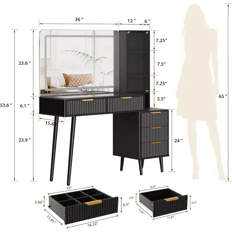 Tocador de Maquillaje Acanalado de 48, Mesa Tocador Moderna con Tapa de Cristal, 5 Cajones, 3 Modos de Luz, para Dormitorio