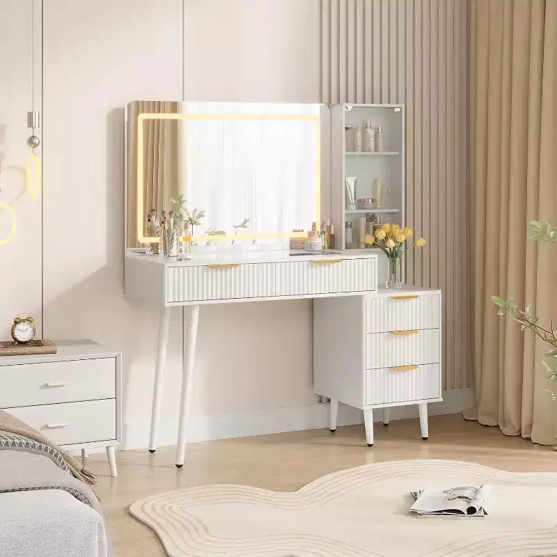 Tocador de Maquillaje Acanalado de 48, Mesa Tocador Moderna con Tapa de Cristal, 5 Cajones, 3 Modos de Luz, para Dormitorio