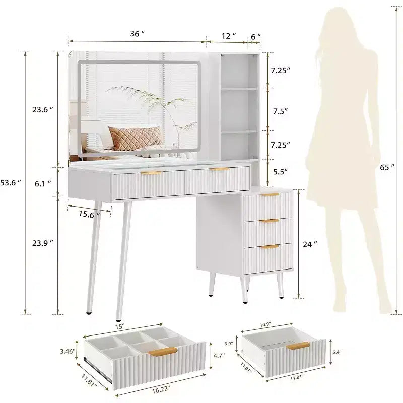 Tocador de Maquillaje Acanalado de 48, Mesa Tocador Moderna con Tapa de Cristal, 5 Cajones, 3 Modos de Luz, para Dormitorio