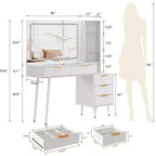 Tocador de Maquillaje Acanalado de 48, Mesa Tocador Moderna con Tapa de Cristal, 5 Cajones, 3 Modos de Luz, para Dormitorio