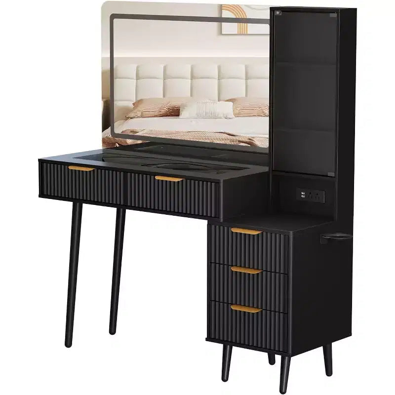 Tocador de Maquillaje Acanalado de 48, Mesa Tocador Moderna con Tapa de Cristal, 5 Cajones, 3 Modos de Luz, para Dormitorio