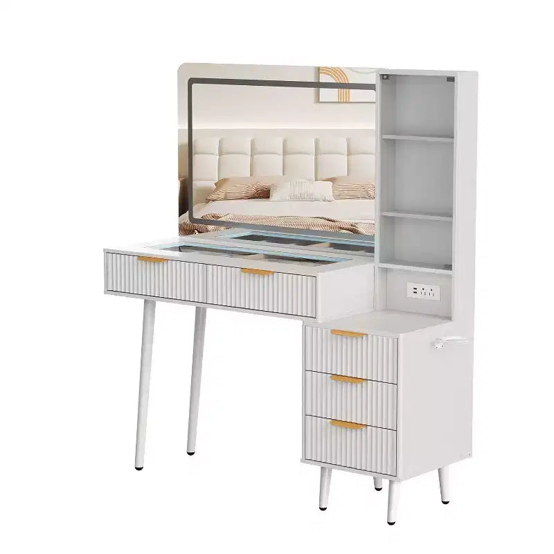 Tocador de Maquillaje Acanalado de 48, Mesa Tocador Moderna con Tapa de Cristal, 5 Cajones, 3 Modos de Luz, para Dormitorio
