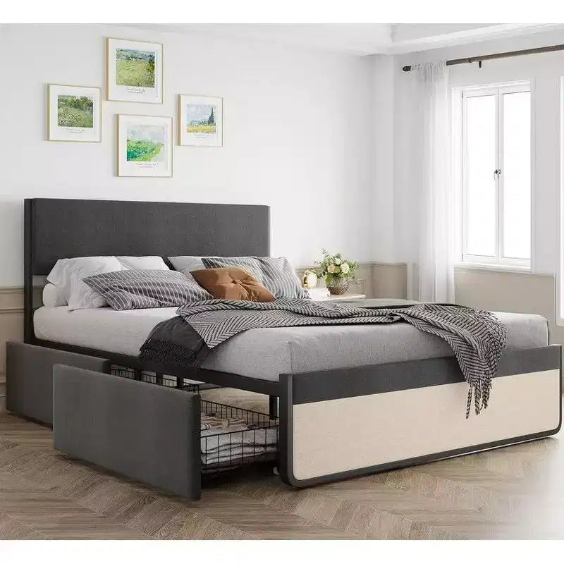 Coolmee Full/Queen Size Bed Frame with Headboard and 2 Storage Drawers, Linen Upholstered Platform Bed with Strong Metal Slats Support