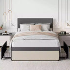 Estructura de cama matrimonial/queen con cabecera y 2 cajones de almacenamiento, cama de plataforma tapizada en lino con fuerte soporte de listones de metal