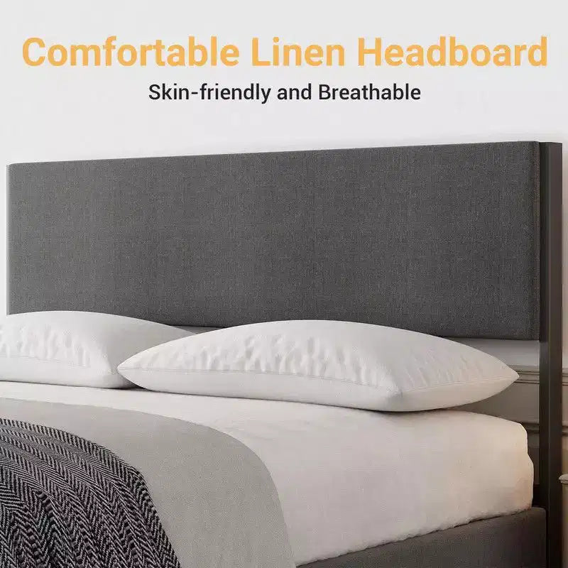 Estructura de cama matrimonial/queen con cabecera y 2 cajones de almacenamiento, cama de plataforma tapizada en lino con fuerte soporte de listones de metal