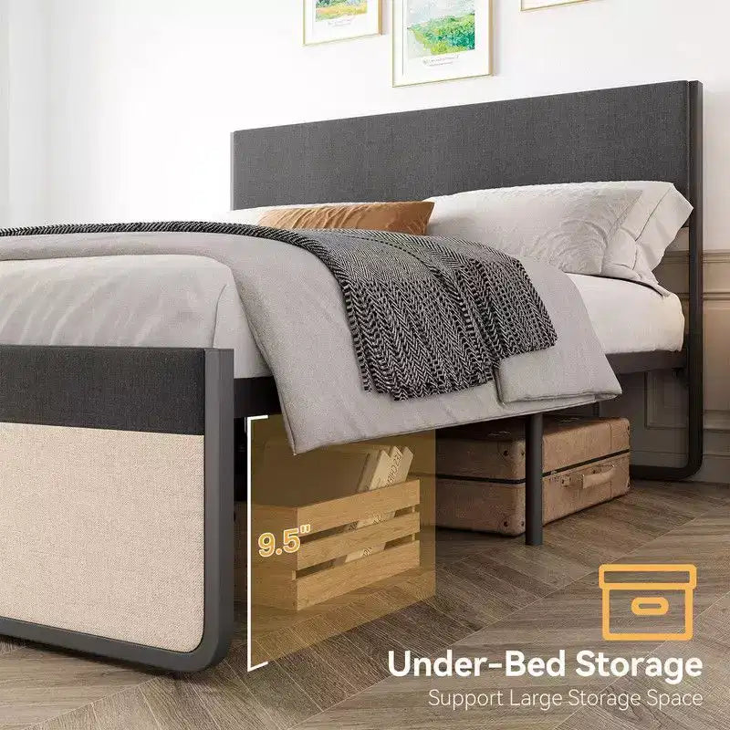 Estructura de cama matrimonial/queen con cabecera y 2 cajones de almacenamiento, cama de plataforma tapizada en lino con fuerte soporte de listones de metal