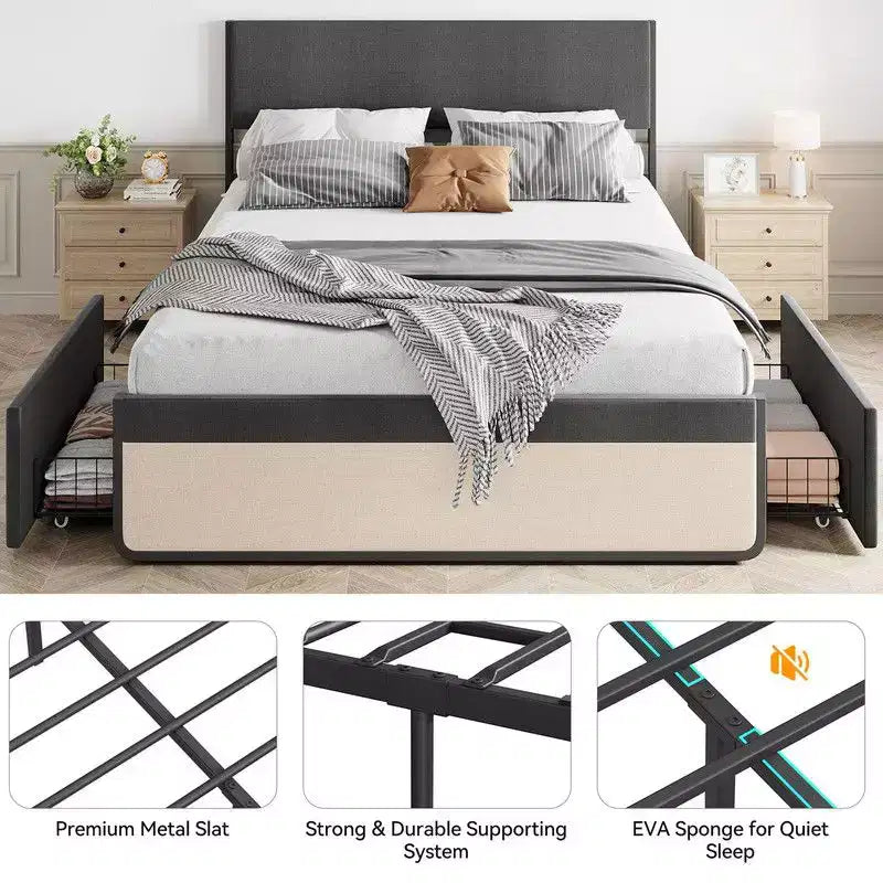 Estructura de cama matrimonial/queen con cabecera y 2 cajones de almacenamiento, cama de plataforma tapizada en lino con fuerte soporte de listones de metal
