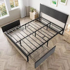 Estructura de cama matrimonial/queen con cabecera y 2 cajones de almacenamiento, cama de plataforma tapizada en lino con fuerte soporte de listones de metal