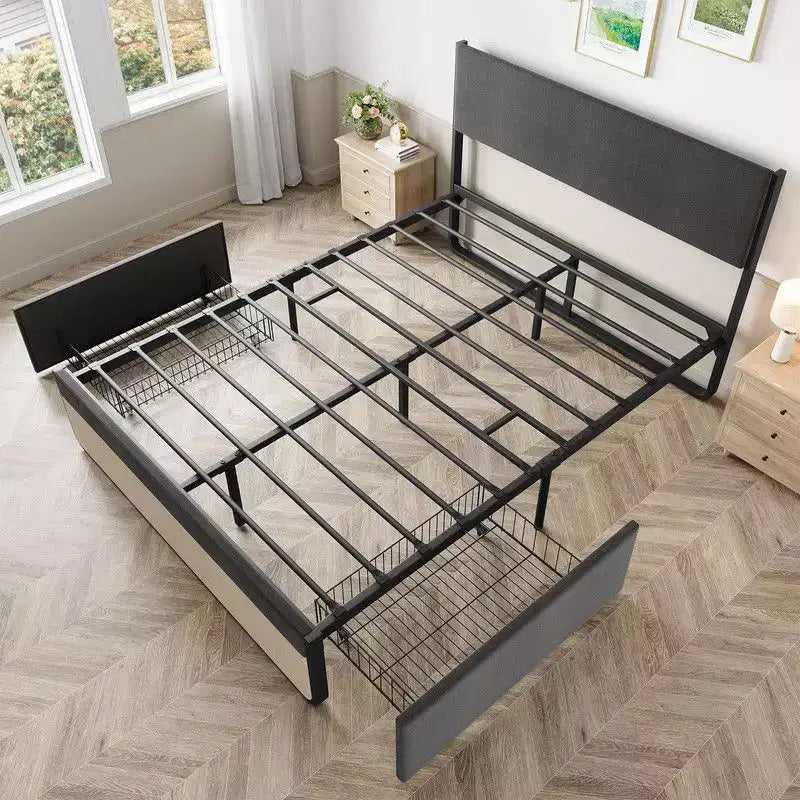 Estructura de cama matrimonial/queen con cabecera y 2 cajones de almacenamiento, cama de plataforma tapizada en lino con fuerte soporte de listones de metal