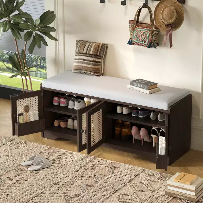 Banco rústico de almacenamiento, banco multifuncional de madera para entrada con cojín extraíble