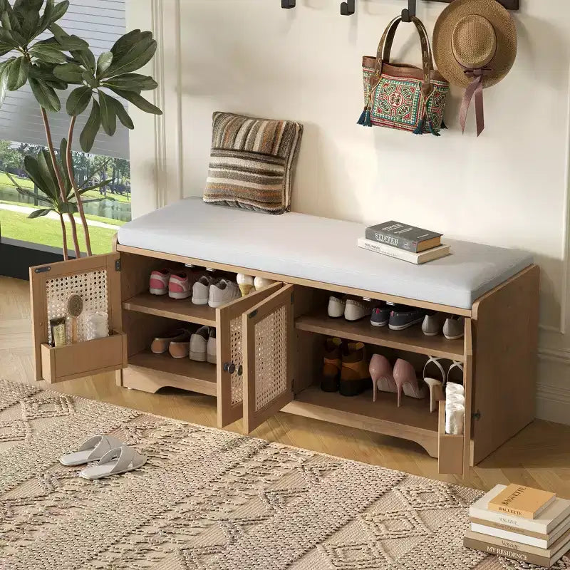 Banco rústico de almacenamiento, banco multifuncional de madera para entrada con cojín extraíble