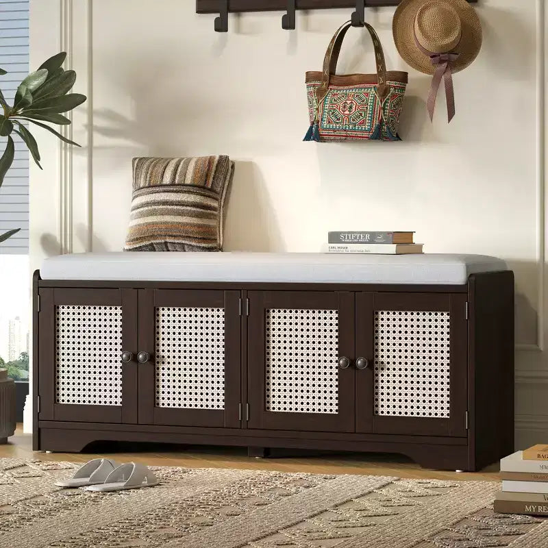 Banco rústico de almacenamiento, banco multifuncional de madera para entrada con cojín extraíble