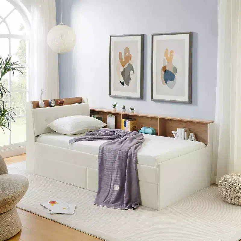 GDFStudio Contemporary Clara Velvet Upholstery Day Bed with Headboard, LED Lights, Wireless Charging