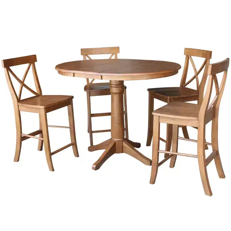 36" Ryan Round Extendable Dining Table with 4 X Back Stools Distressed Oak - International Concepts: Solid Wood, Mid-Century, Pedestal Base