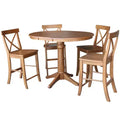 36" Ryan Round Extendable Dining Table with 4 X Back Stools Distressed Oak - International Concepts: Solid Wood, Mid-Century, Pedestal Base