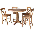 36" Ryan Round Extendable Dining Table with 4 X Back Stools Distressed Oak - International Concepts: Solid Wood, Mid-Century, Pedestal Base