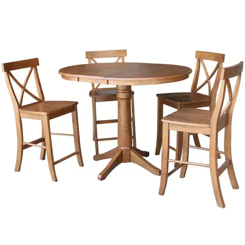 36" Ryan Round Extendable Dining Table with 4 X Back Stools Distressed Oak - International Concepts: Solid Wood, Mid-Century, Pedestal Base