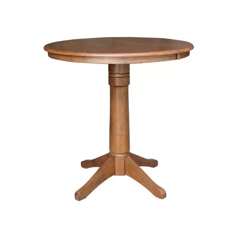 Mesa de comedor extensible redonda Ryan de 36" con 4 taburetes con respaldo en X, roble envejecido: madera maciza, mediados de siglo, base de pedestal