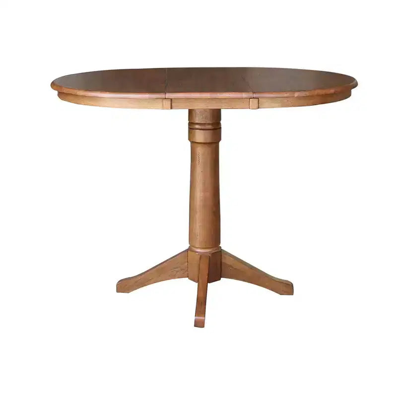 Mesa de comedor extensible redonda Ryan de 36" con 4 taburetes con respaldo en X, roble envejecido: madera maciza, mediados de siglo, base de pedestal