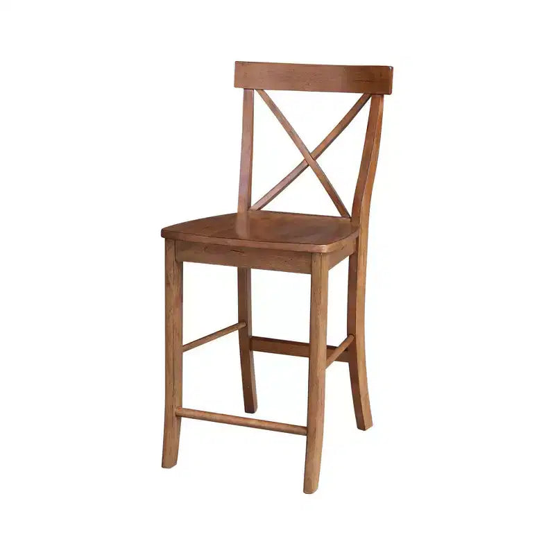 Mesa de comedor extensible redonda Ryan de 36" con 4 taburetes con respaldo en X, roble envejecido: madera maciza, mediados de siglo, base de pedestal