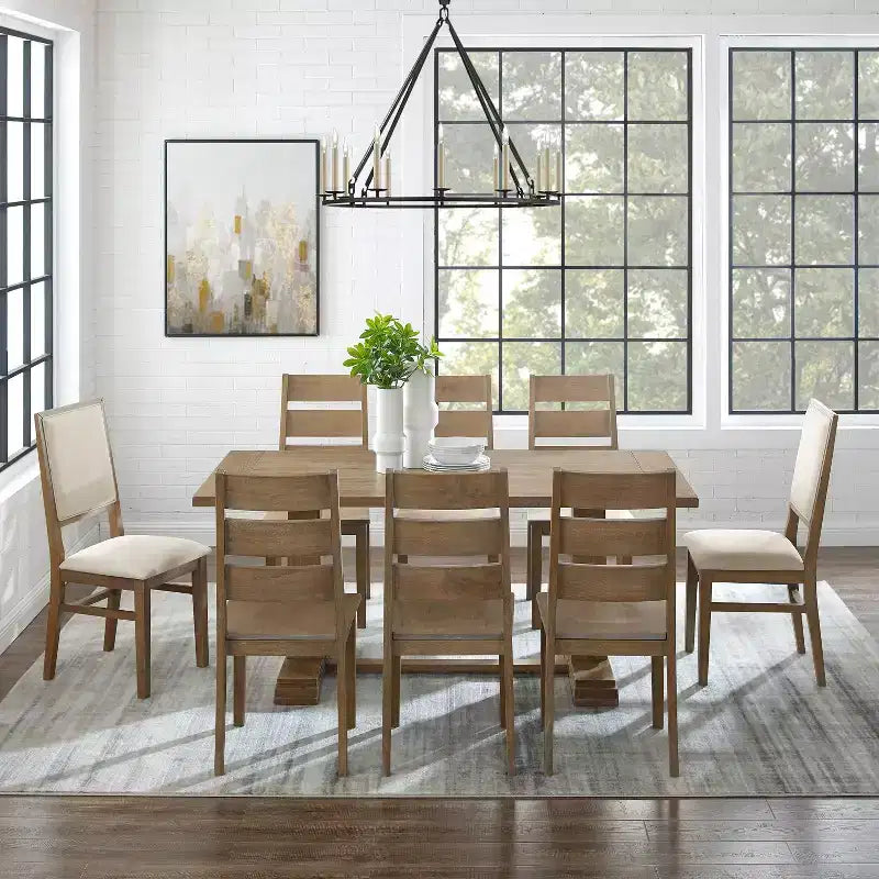 Juego de comedor Joanna de 9 piezas con 6 sillas Ladder Back y 2 sillas con respaldo tapizado Marrón rústico