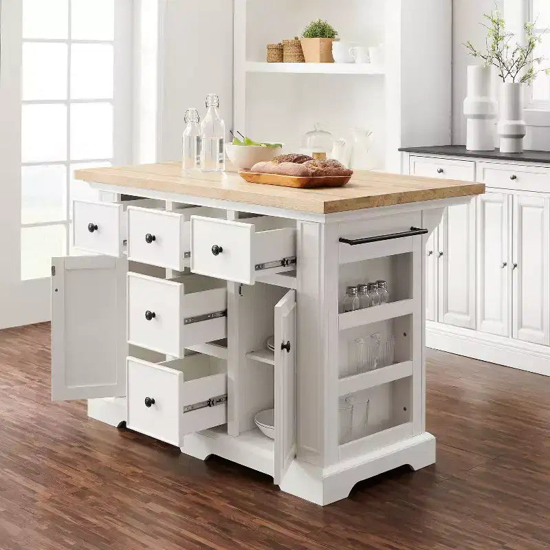 Isla de cocina con encimera blanca Julia Wood: estilo tradicional, barra para toallas, 5 cajones, 2 puertas