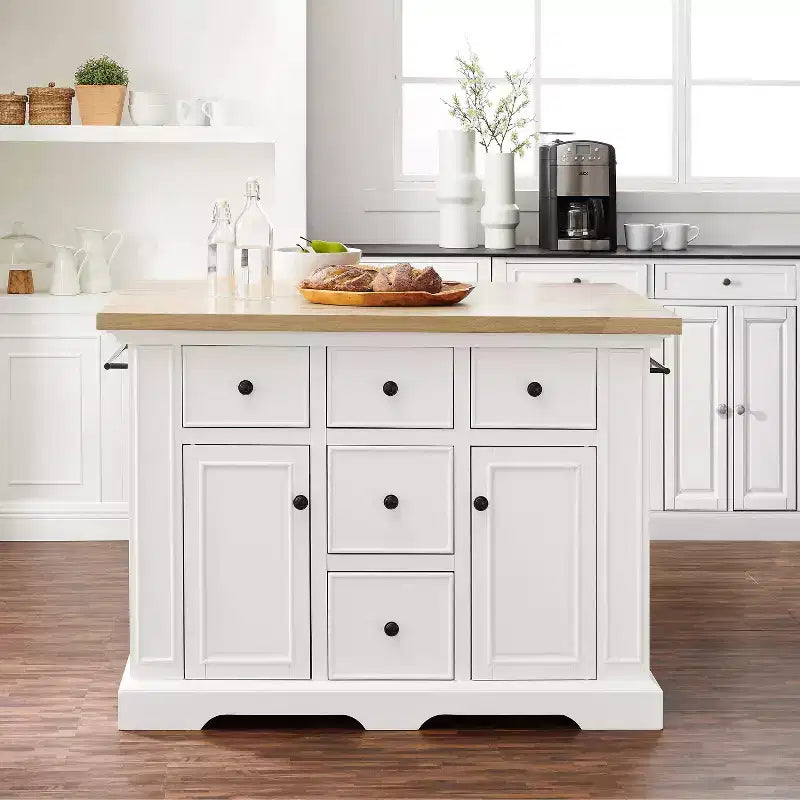Isla de cocina con encimera blanca Julia Wood: estilo tradicional, barra para toallas, 5 cajones, 2 puertas