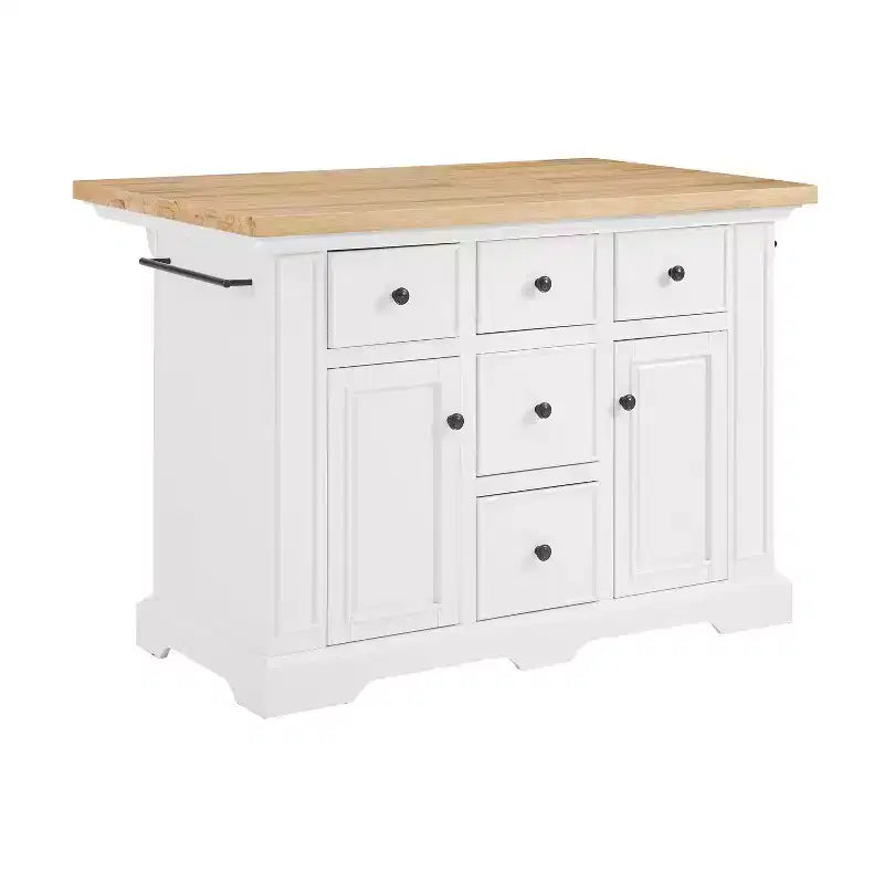 Isla de cocina con encimera blanca Julia Wood: estilo tradicional, barra para toallas, 5 cajones, 2 puertas