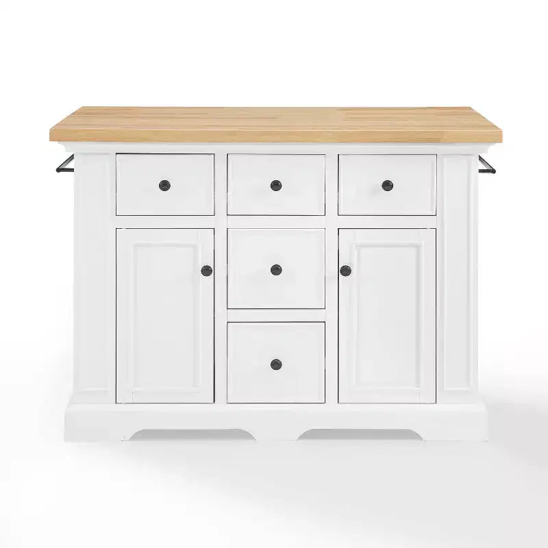 Isla de cocina con encimera blanca Julia Wood: estilo tradicional, barra para toallas, 5 cajones, 2 puertas