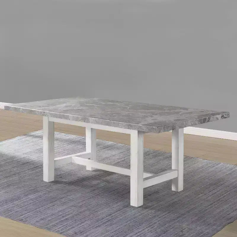 Mesa de comedor Canova con tablero de mármol blanco: Superficie gris, estructura de madera, rectangular de 6 plazas